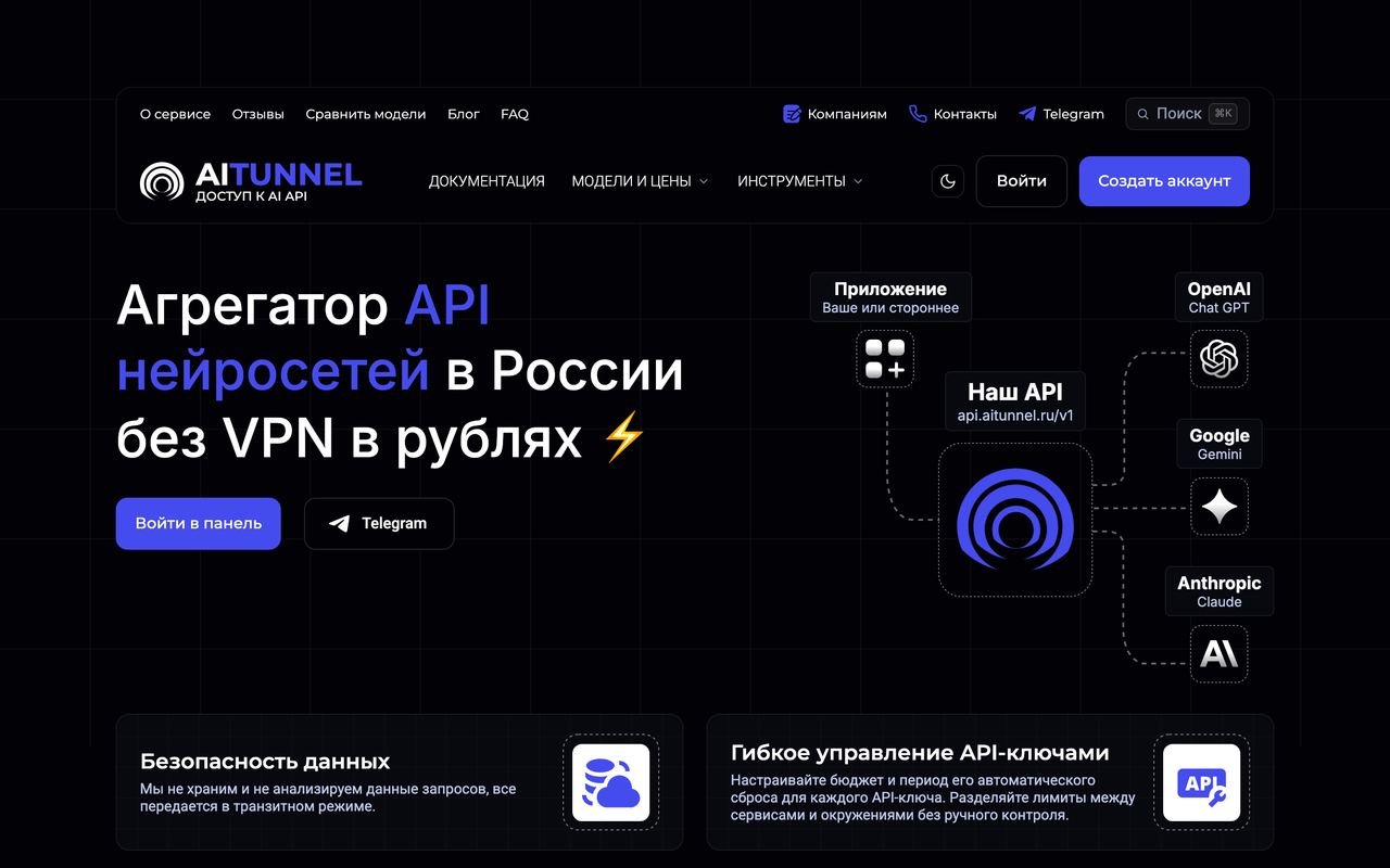 Главная AITunnel: схема «ваше приложение → API сервиса → OpenAI, Google, Anthropic»