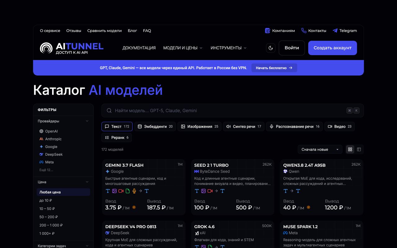 Каталог моделей AITunnel: цена ввода и вывода в рублях за миллион токенов