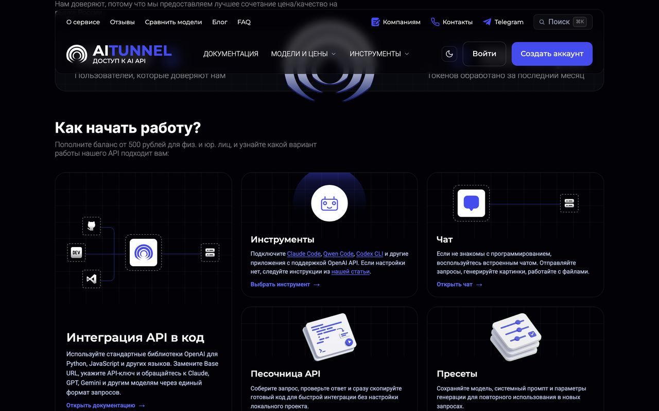 Разделы AITunnel «Как начать работу»: инструменты, чат, песочница API и пресеты