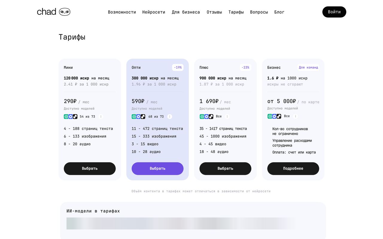 Тарифы ChadGPT: Мини, Опти, Плюс и Бизнес с ценой в рублях и объёмом искр