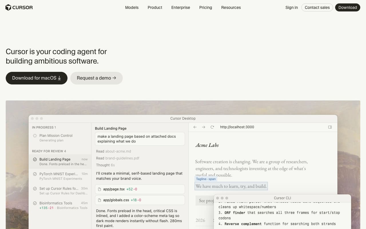 Главная Cursor: «Cursor is your coding agent» и кнопка Download for macOS — собственный редактор с планировщиком задач