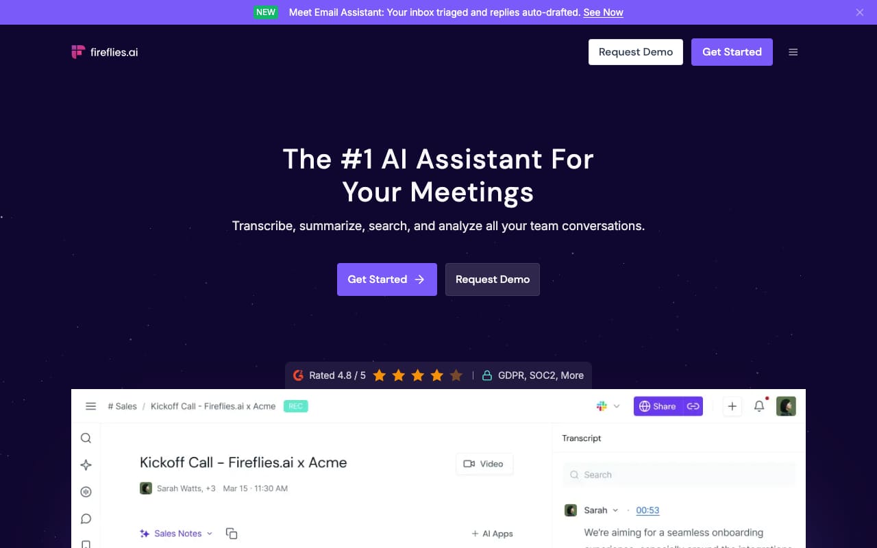 Главная Fireflies.ai: «The #1 AI Assistant For Your Meetings», кнопки Get Started и Request Demo, макет расшифровки встречи с транскриптом и заметками