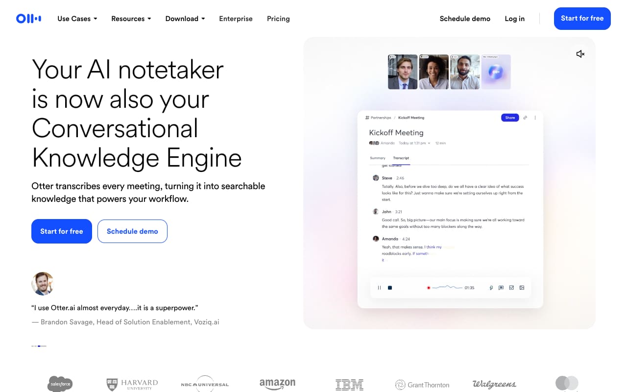 Главная Otter.ai: «Your AI notetaker is now also your Conversational Knowledge Engine», макет встречи с транскриптом по спикерам и логотипы Salesforce, Harvard, Amazon, IBM