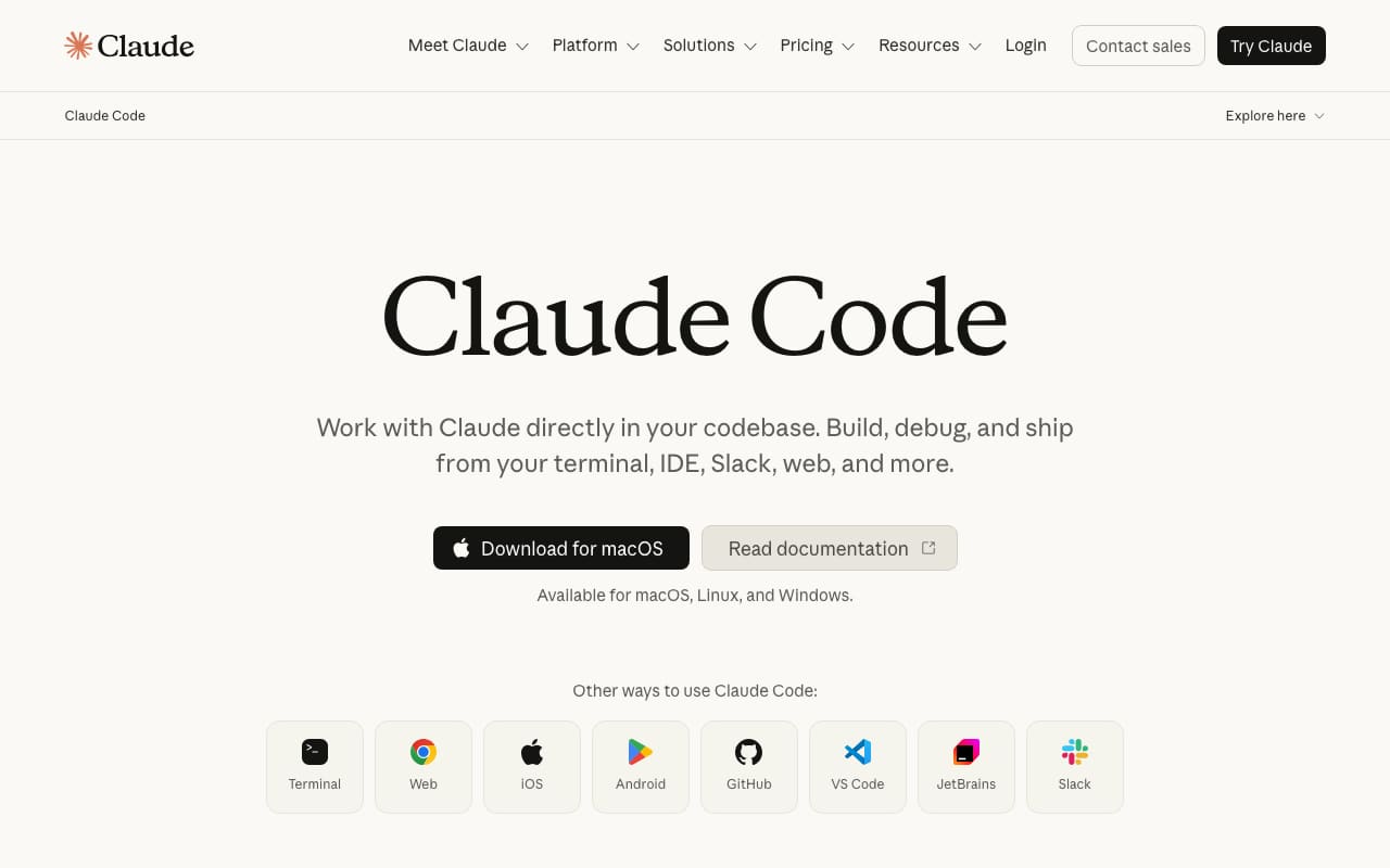 Официальная страница Claude Code: кнопка Download for macOS, поддержка macOS, Linux и Windows, варианты Terminal, Web, iOS, VS Code и JetBrains