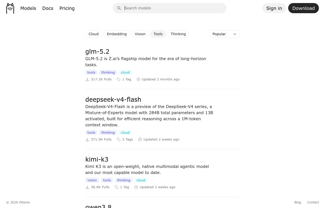 Каталог Ollama с фильтром tools: у первых трёх моделей в списке стоит метка cloud — локально они не запускаются