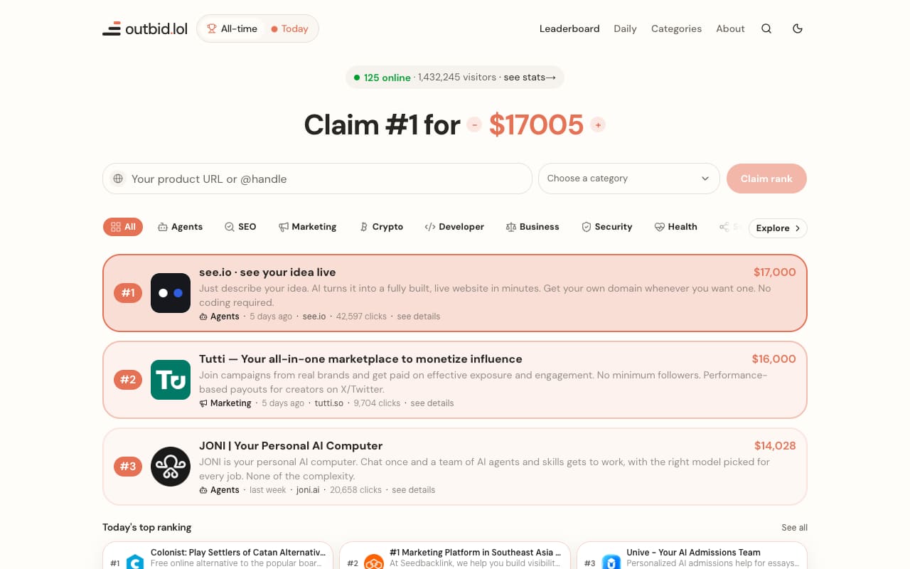 Главная outbid.lol: платный рейтинг продуктов, у каждого места своя цена