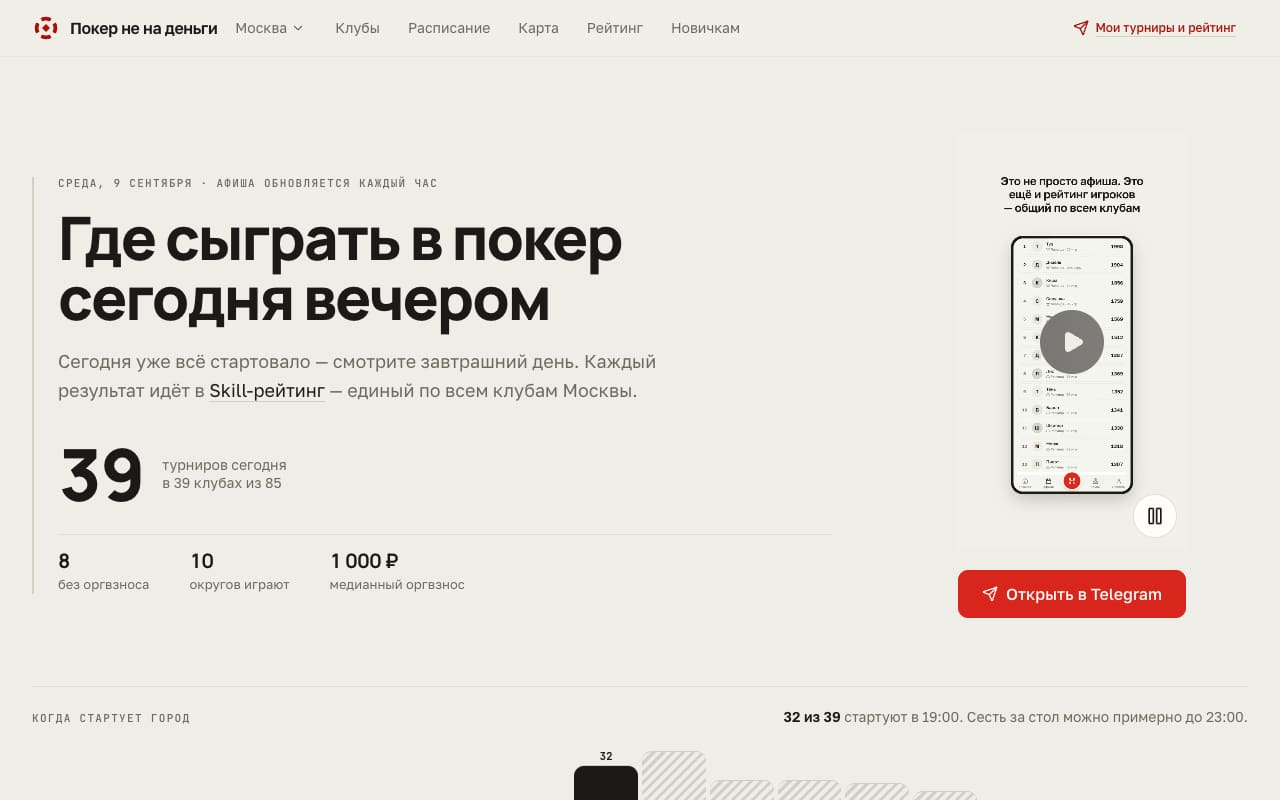 Главная nenadengi.ru: «Где сыграть в покер сегодня вечером», 39 турниров сегодня в 39 клубах из 85, медианный оргвзнос 1 000 ₽