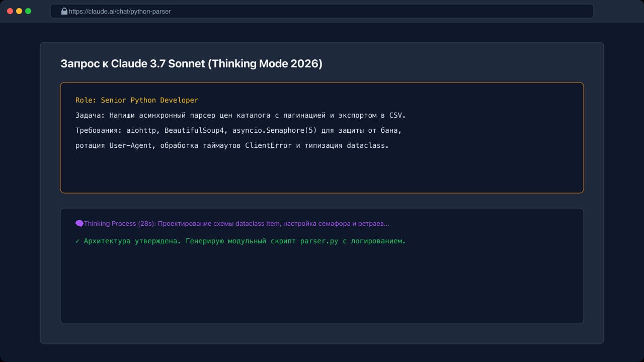 Промпт для генерации парсера на Python с требованиями к библиотекам BeautifulSoup и aiohttp