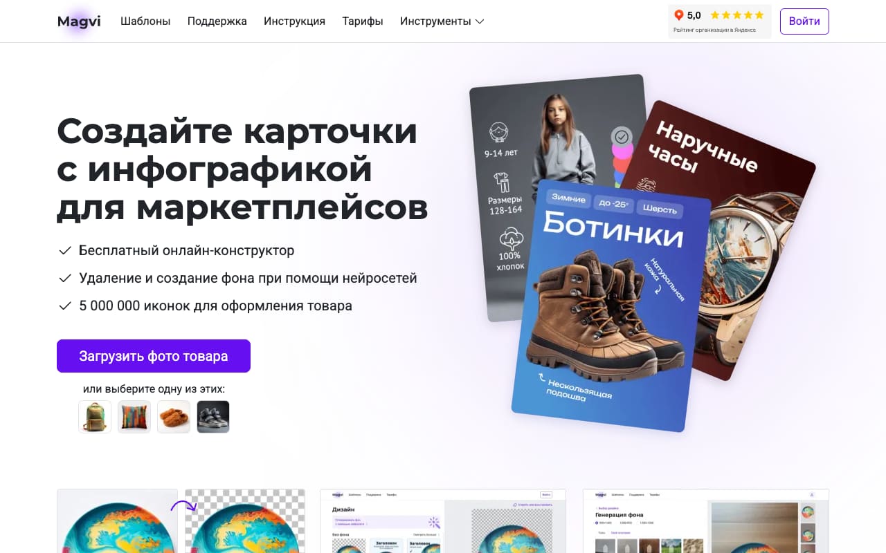 Главная Magvi: «Создайте карточки с инфографикой для маркетплейсов», три пункта — бесплатный конструктор, фон нейросетью, 5 000 000 иконок — и кнопка «Загрузить фото товара»