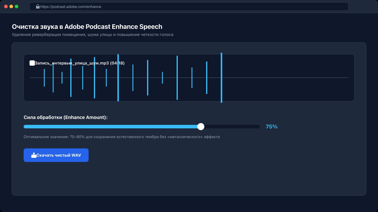 Интерфейс Adobe Podcast Enhance Speech с регулятором глубины очистки голоса