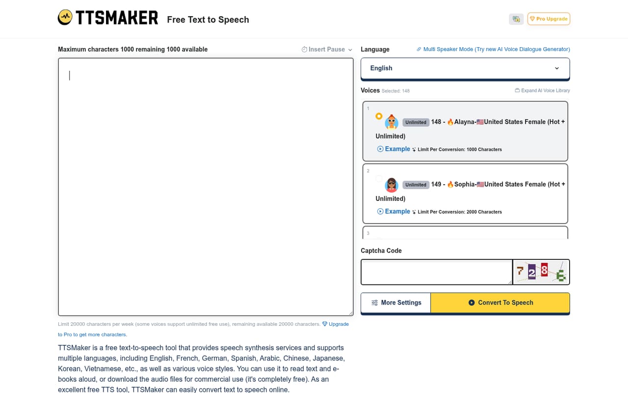 Интерфейс TTSMaker: поле текста, выбор языка и голоса, лимит 20 000 знаков в неделю