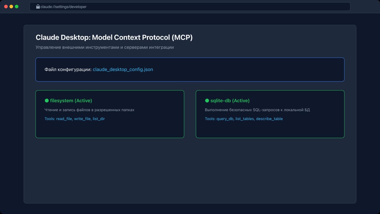 Интерфейс Claude Desktop с активным меню настроек для разработчиков