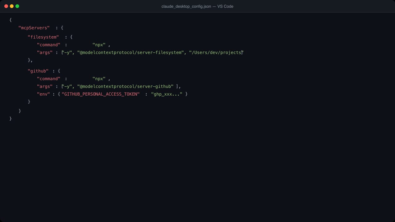 Конфигурационный JSON файл с настройками MCP-серверов filesystem и github