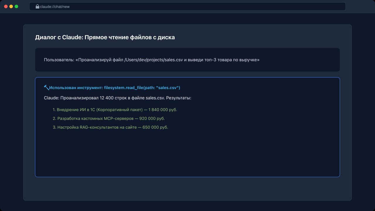Список активных инструментов MCP в окне диалога Claude Desktop