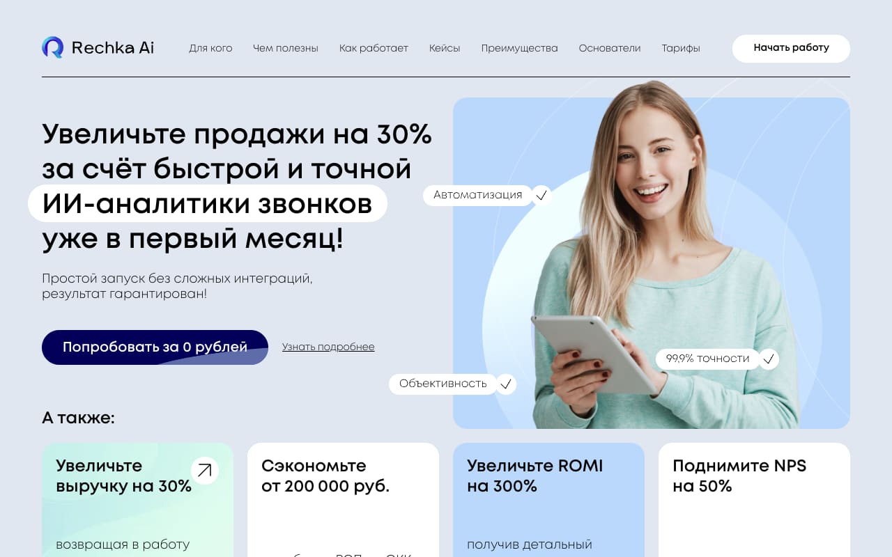 Главная Rechka.ai: кнопка «Попробовать за 0 рублей», обещание +30% к продажам за первый месяц и плашка «99,9% точности»