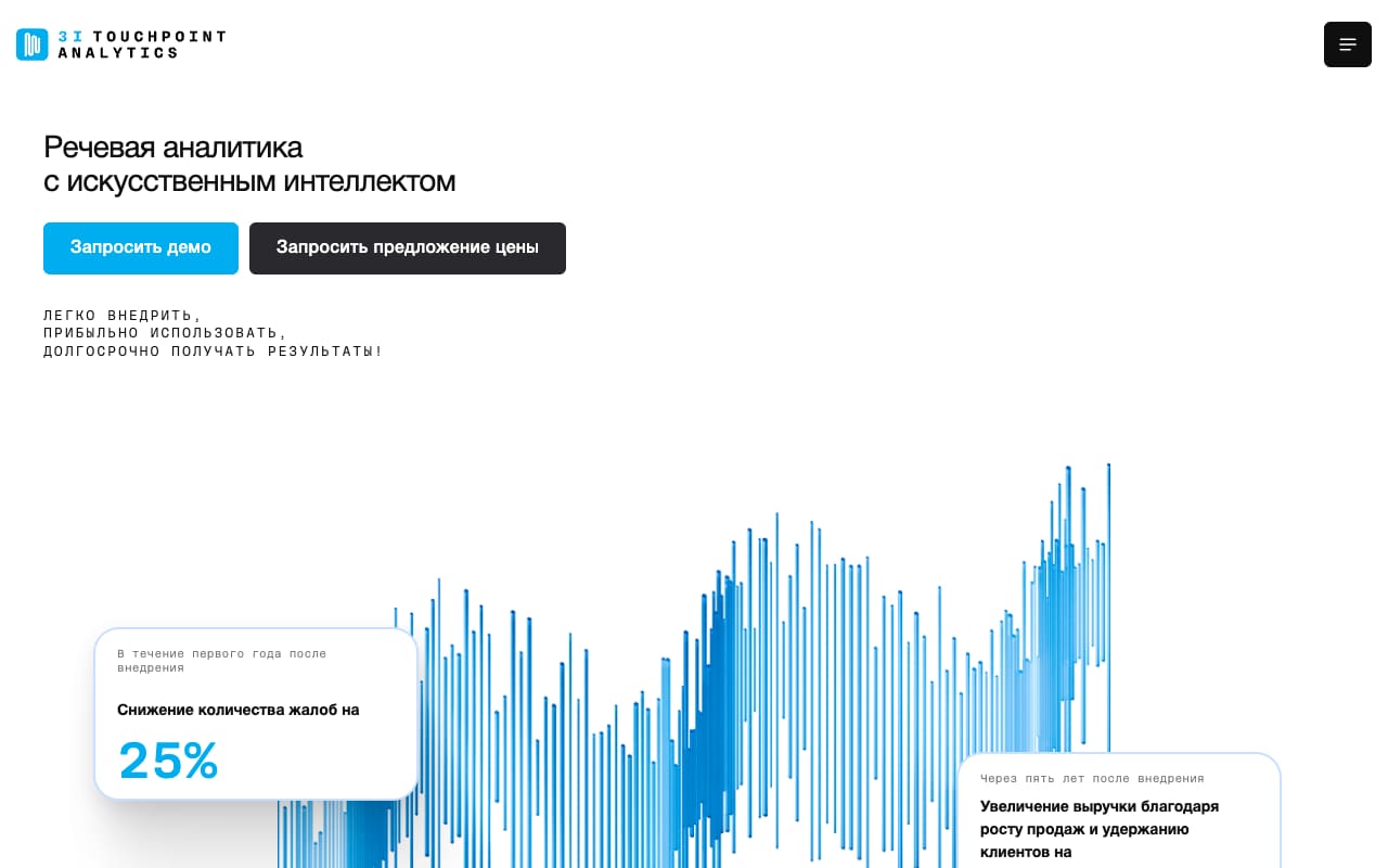 Главная 3i TouchPoint Analytics: кнопки «Запросить демо» и «Запросить предложение цены», карточка «снижение количества жалоб на 25% за первый год»