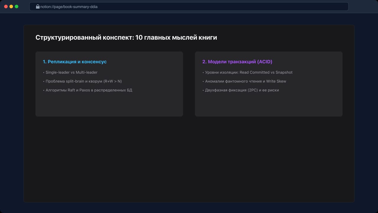 Пример готового структурированного саммари книги с разделением по главам