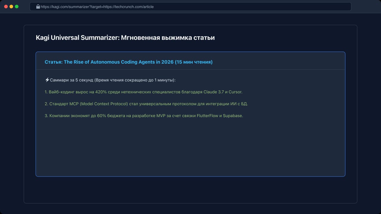 Саммари длинной веб-статьи через Kagi Universal Summarizer за 5 секунд