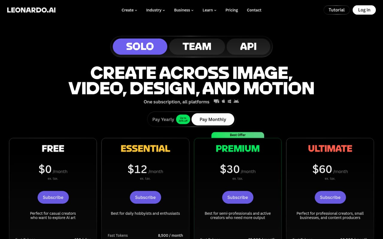 Страница тарифов Leonardo.Ai: планы Free, Essential, Premium и Ultimate