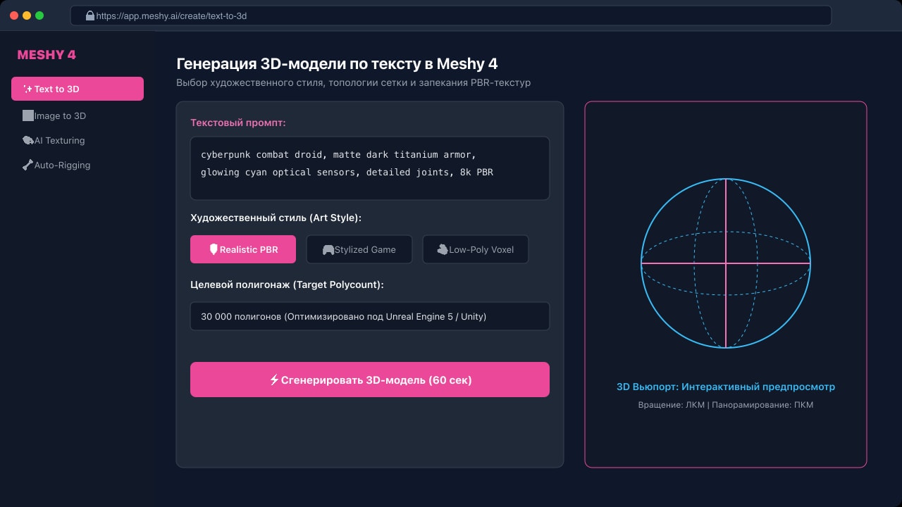 Главный экран генерации 3D-модели по тексту в интерфейсе Meshy 4