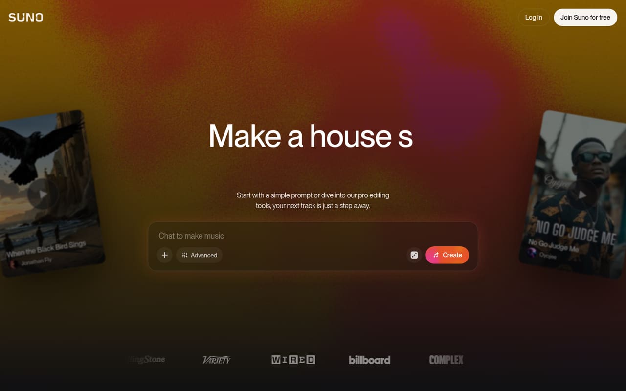 Главная страница Suno: поле «Chat to make music» и кнопка Create