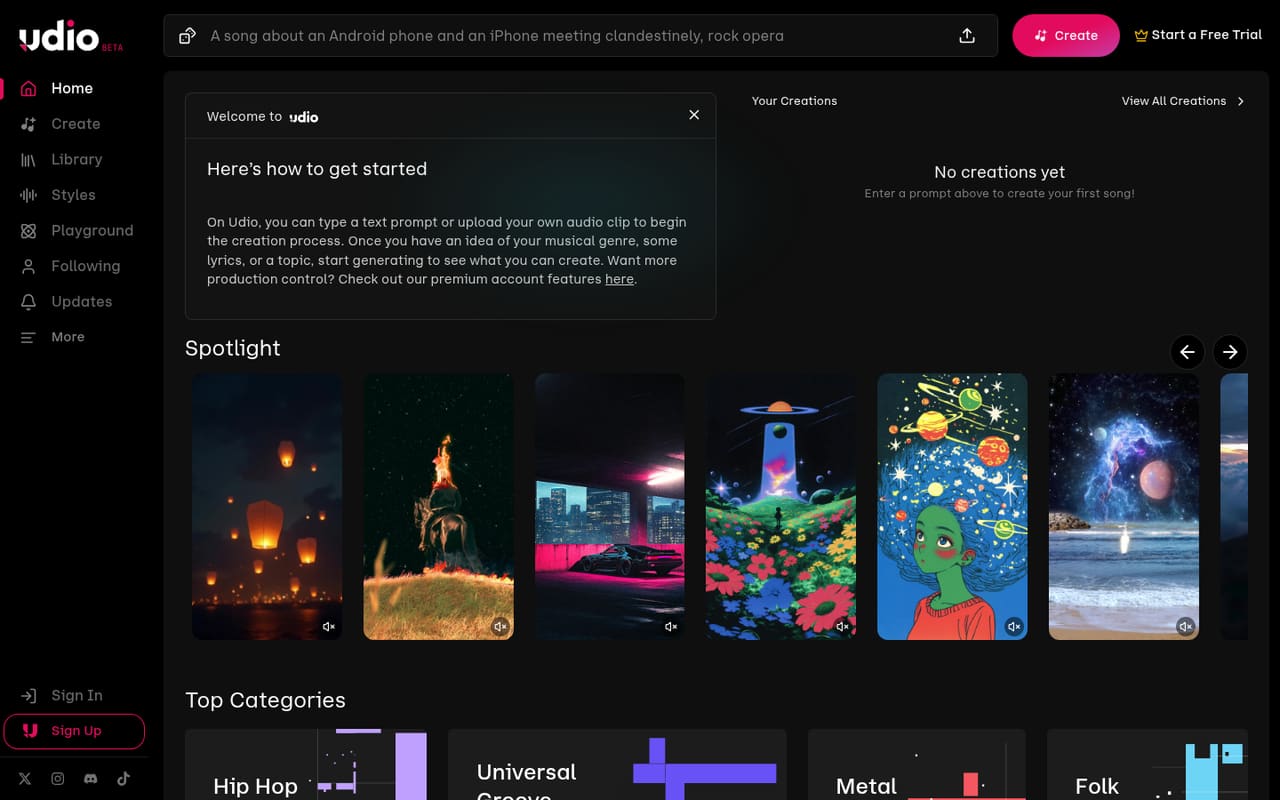 Главная страница Udio: поле промпта сверху, слева разделы Create, Library, Styles