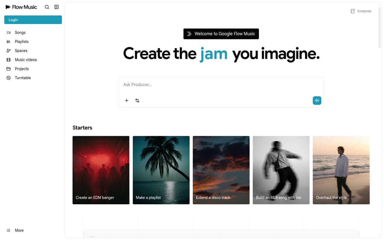 Главная страница Flow Music: приветствие «Welcome to Google Flow Music» и поле «Ask Producer»