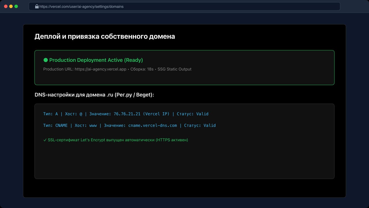 Экран публикации сайта на хостинге Vercel с привязкой DNS домена
