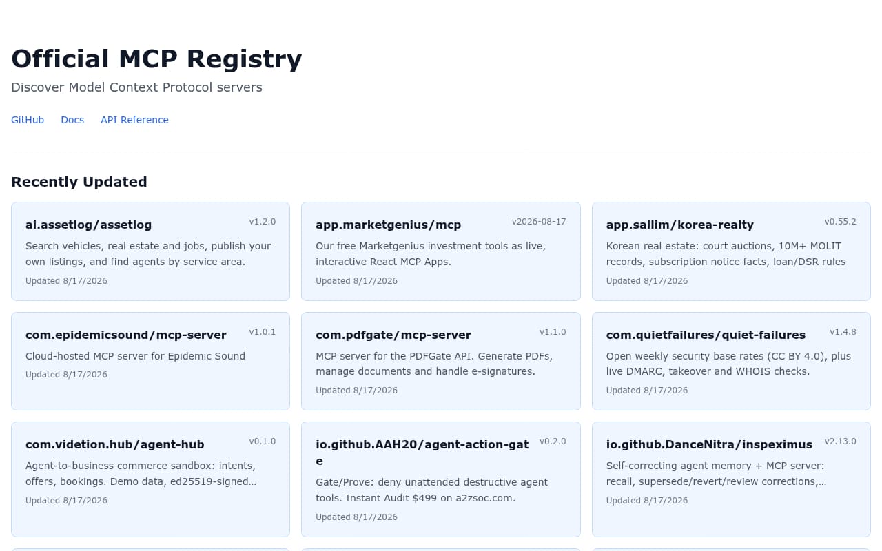 Официальный реестр MCP: лента недавно обновлённых серверов, вперемешку каталоги товаров, крипта и нишевые API