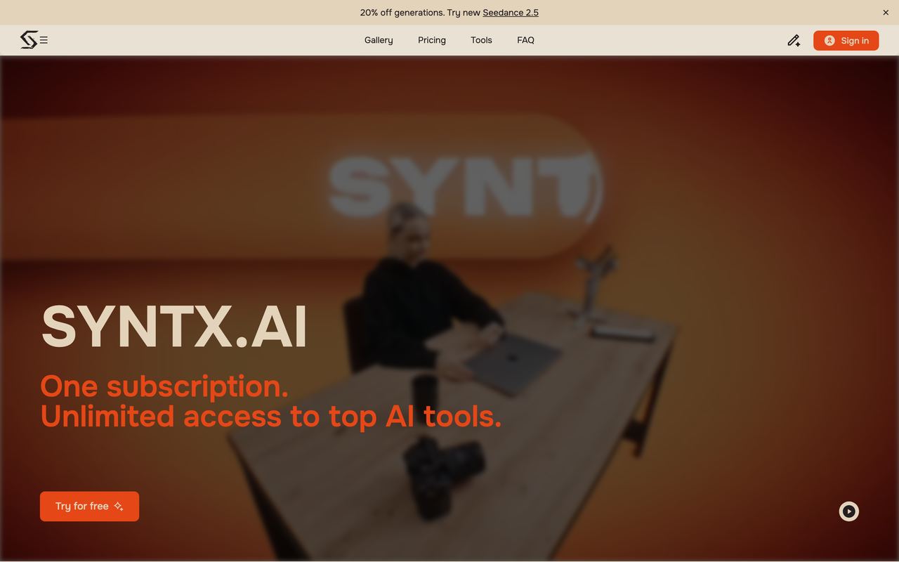 Главная страница SYNTX.AI с англоязычным интерфейсом