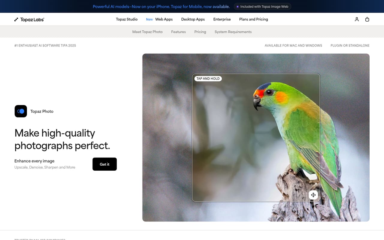 Страница Topaz Photo: сравнение до и после, приложение для Mac и Windows