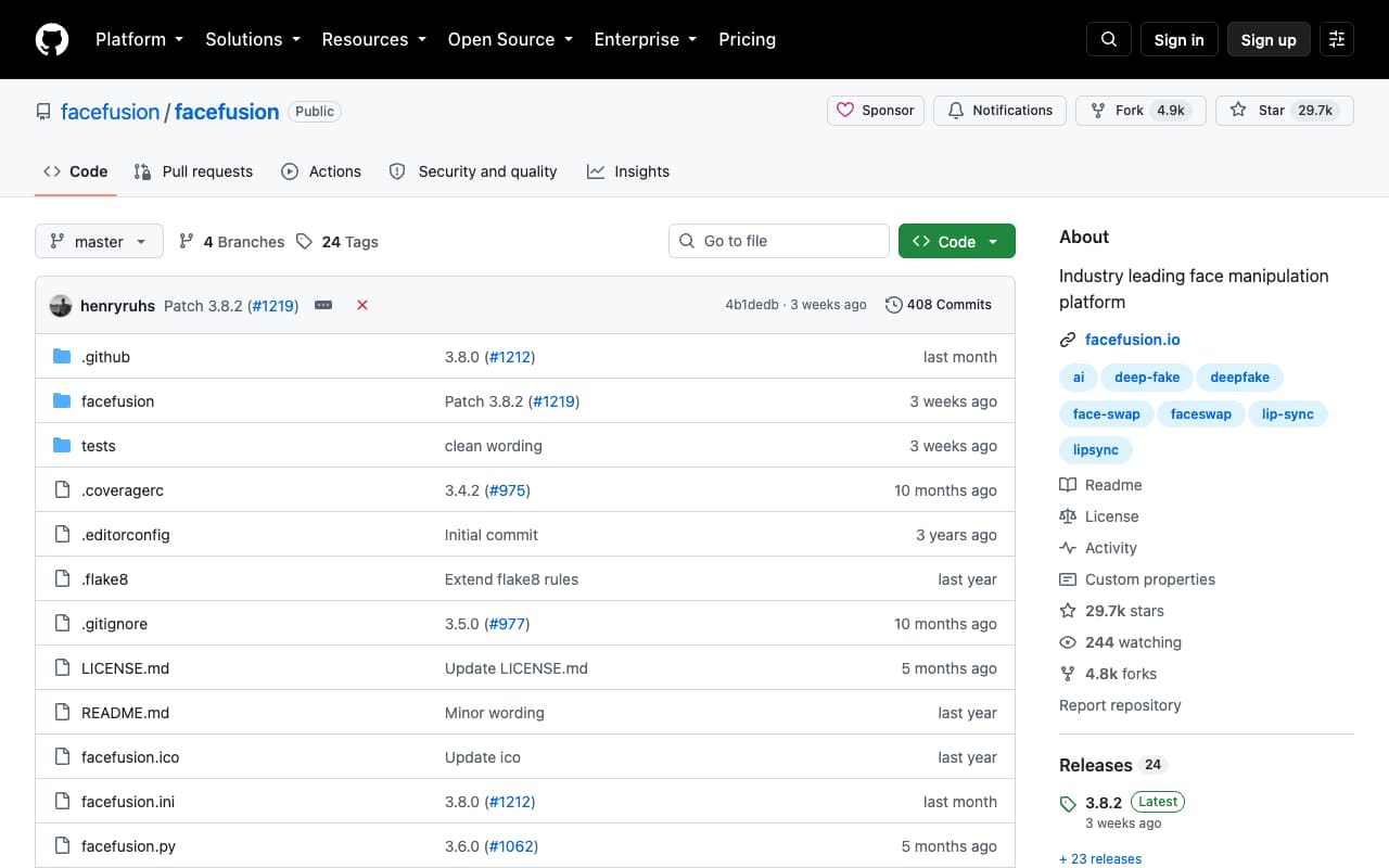 Репозиторий FaceFusion на GitHub: установщики под Windows и macOS, лицензия OpenRAIL